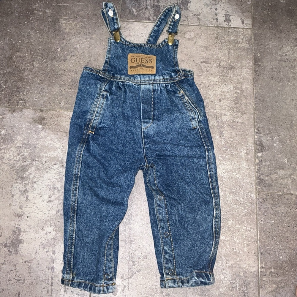 Vintage Guess Leather Patch Clip Overalls 18 months Denim 90s 80s Baby Toddler